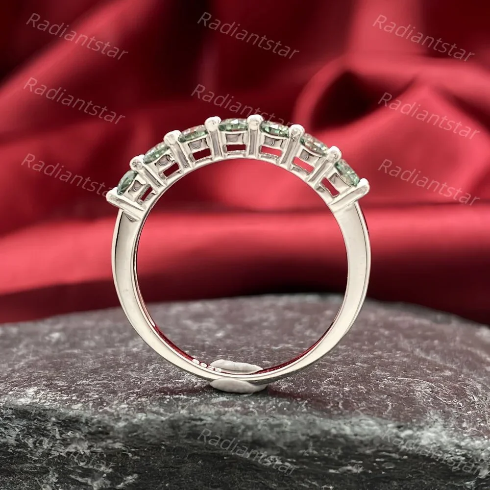 NEW Certified 3mm Blue Green Moissanite 7 Stone Half Eternity Band Ring